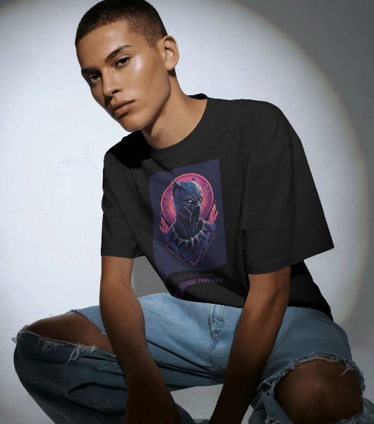 PANTHER DESIGNED OVERSIZED COTTON BLACK T-SHIRT