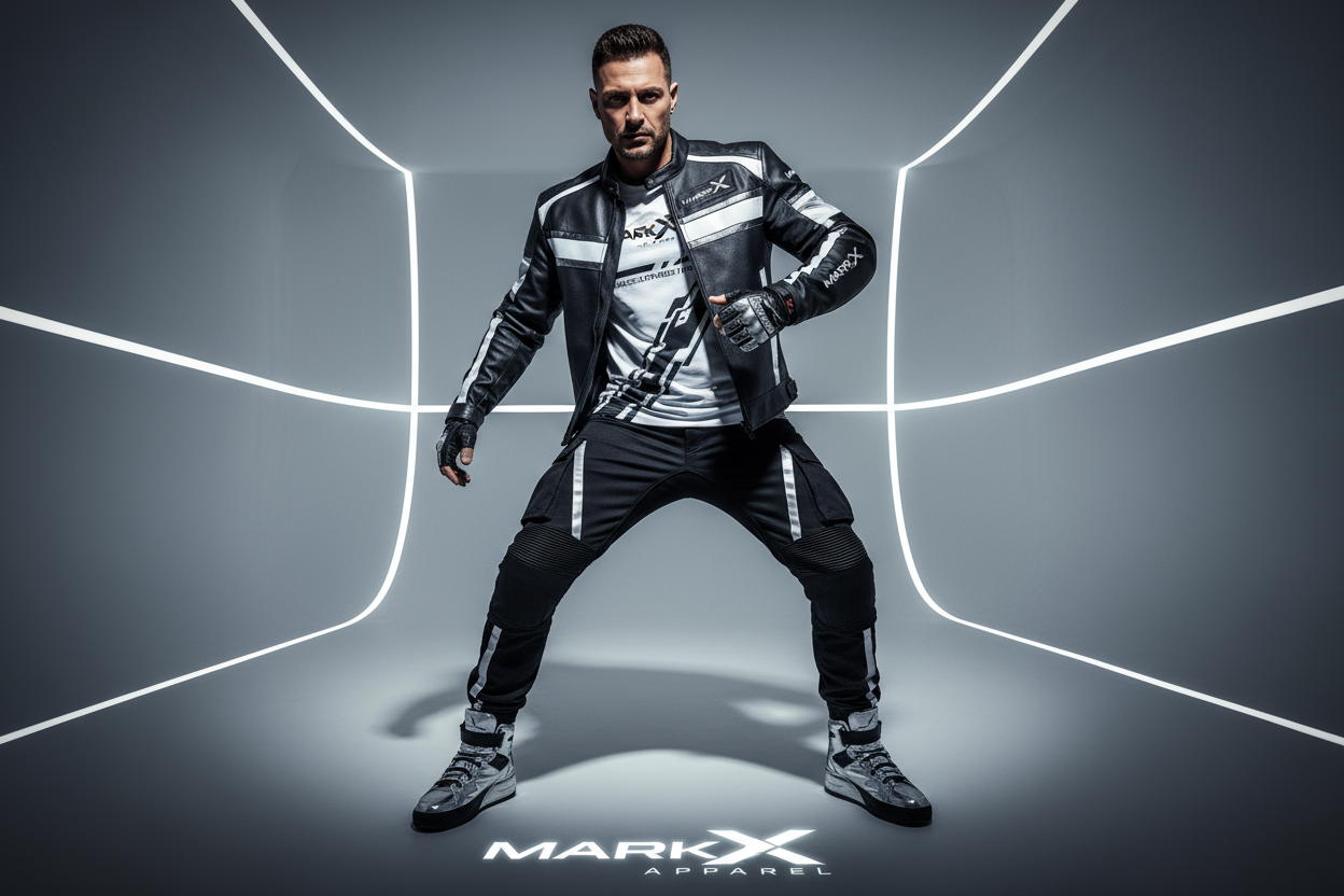 Name is MARK X APPAREL that should be professional,goodlooking,seductive,attractive,attention grasping,make a model standing in the frame that should look nice and  make the overall picture unimagineable